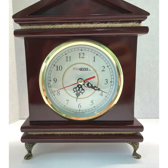 Cherry Wood Clock Mantel Desk Pomtrex Vintage Analog Footed Gold Trim 10 Inch - Picture 7 of 13